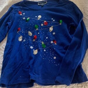 Karen Scott Royal Blue Long Sleeve Tee with Holiday Lights